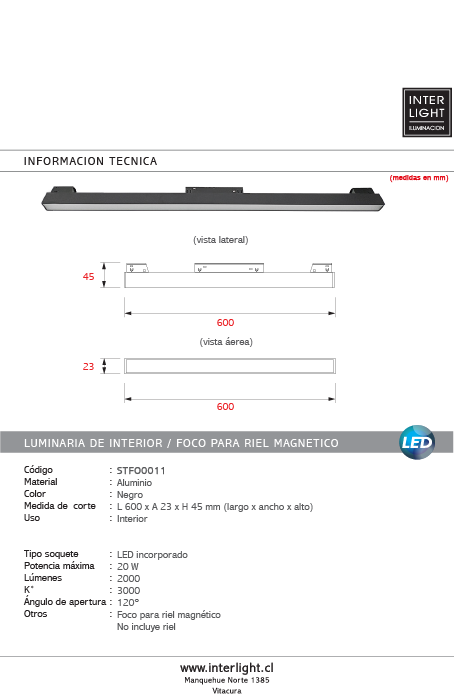 Foco para riel aluminio negro 60cm LED 20W - STFO0011