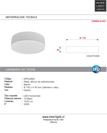 Plafón metal blanco Ø15x 4 cm  18W 3000K LED - STPL0001