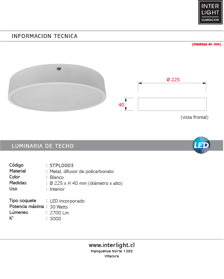 Plafón metal blanco Ø22,5x 4 cm  30W 3000K LED - STPL0003