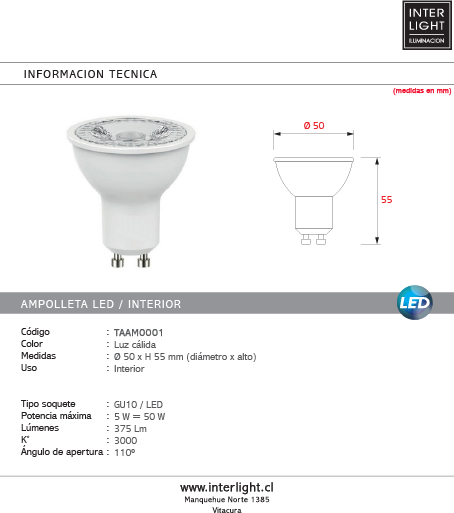 Ampolleta luz cálida interior LED GU10 5W - TAAM0001