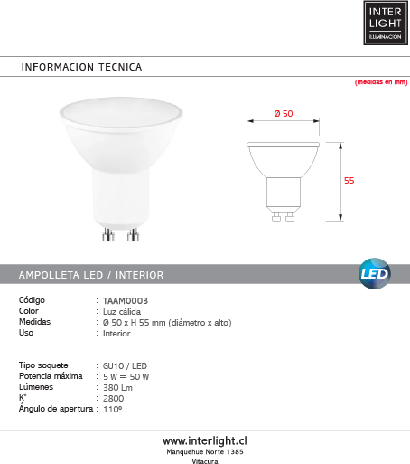 Ampolleta luz cálida 2800K interior LED GU10 5W - TAAM0003