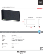 Aplique aluminio negro vidrio templado 17,5x9X3,3 cm IP65 LED 12W - TAAP0001