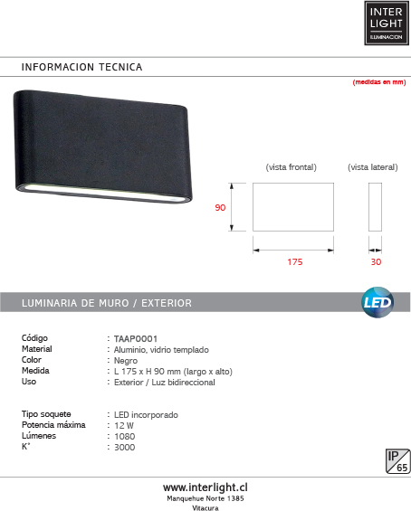 Aplique aluminio negro vidrio templado 17,5x9X3,3 cm IP65 LED 12W - TAAP0001