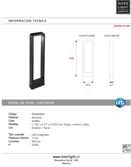 Farol aluminio grafito exterior 16.2x5.7 cm LED 10W - TAFA0001