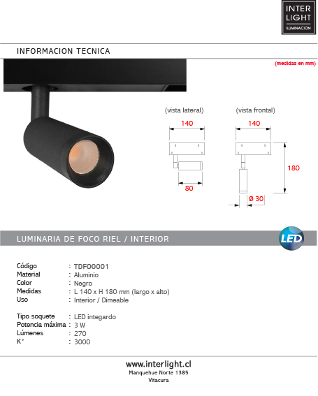 Foco metal negro para riel magnético 14x18cm LED 3W 220V - TDFO0001