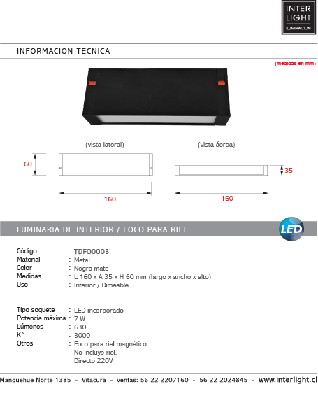 Foco metal negro para riel magnético LED 7W 220V - TDFO0006
