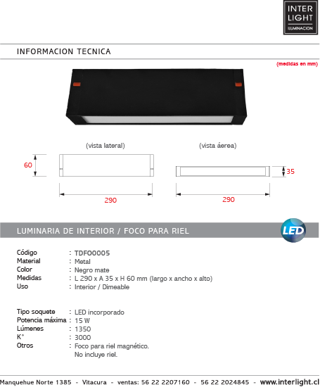 Foco metal negro para riel magnético LED 15W 220V- TDFO0005