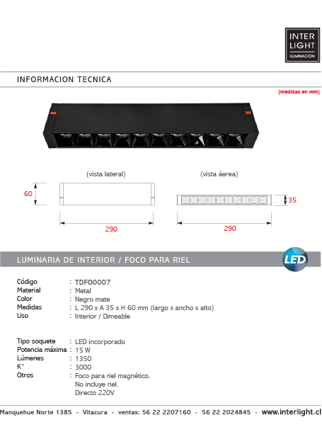 Foco metal negro para riel magnético LED 15W 220v - TDFO0007