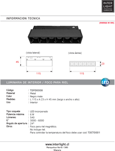 Foco metal negro para riel magnético LED 4,5W - TDFO0008