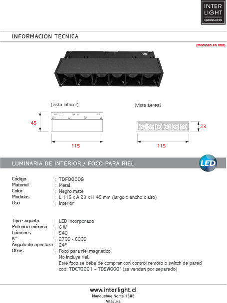 Foco metal negro para riel magnético LED 6W 48V - TDFO0008