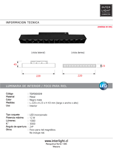 Foco metal negro para riel magnético LED 12W - TDFO0009