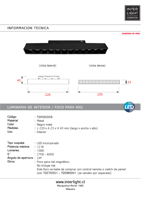 Foco metal negro para riel magnético LED 12W 48V - TDFO0009