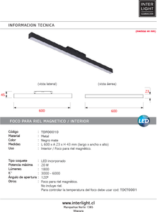 Foco metal negro para riel magnético 60x4.5 cmLED 20W - TDFO0010