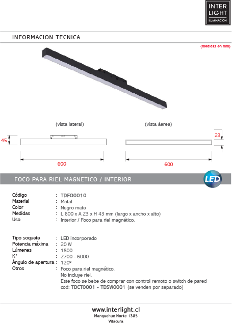 Foco metal negro para riel magnético 60x4.5 cm LED 20W 48V - TDFO0010