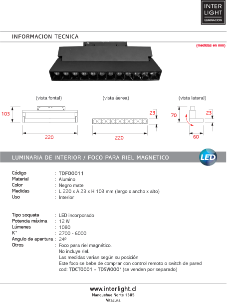Foco dirigible aluminio para riel magnético negro LED 12W 48V - TDFO0011