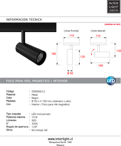 Foco metal negro para riel magnético LED 10W - TDFO0012