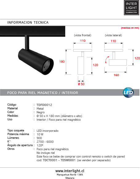 Foco metal negro para riel magnético LED 10W 48V - TDFO0012