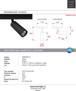 Foco metal negro para riel magnético LED 6W - TDFO0013