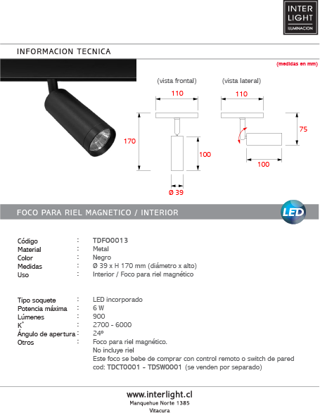 Foco metal negro para riel magnético LED 6W 48V - TDFO0013