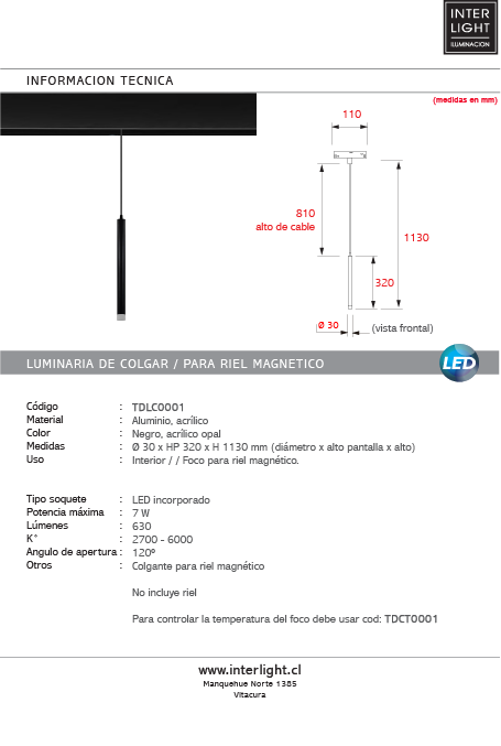 Colgante Led metal negro para riel magnético  LED 7W - TDLC0001