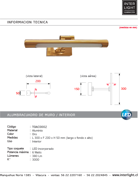 Alumbracuadro oro  30 cm LED 6W - TOAC0002