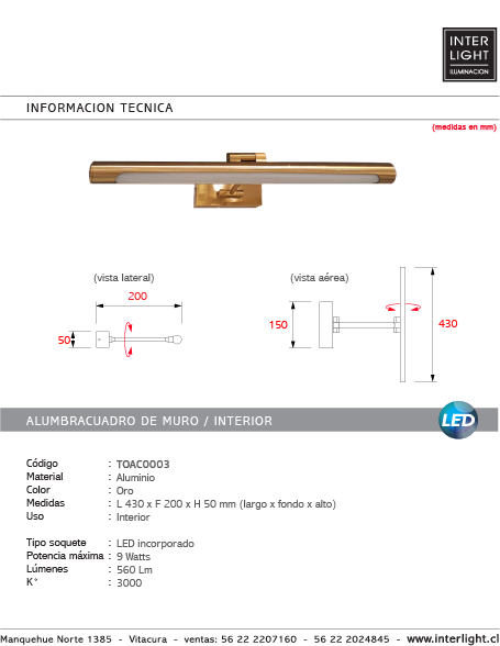 Alumbracuadro oro 43 cm LED 9W - TOAC0003
