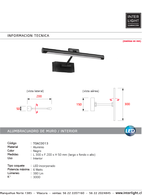 Alumbracuadro negro  30 cm LED 6W - TOAC0013