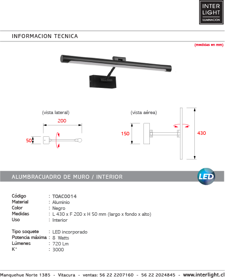 Alumbracuadro negro 43 cm LED 8W - TOAC0014