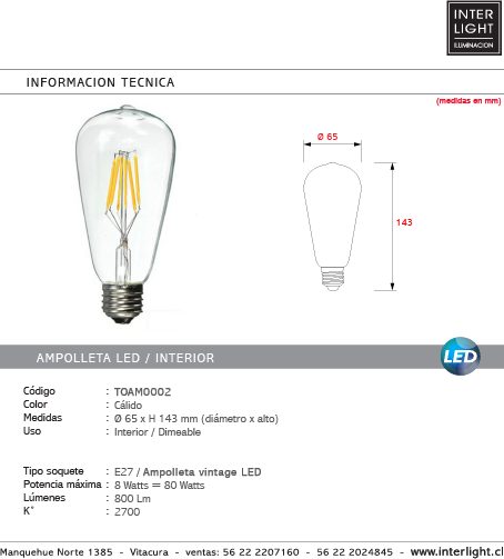 Ampolleta transparente vintage dimeable luz cálida LED 8W E27 - TOAM0002