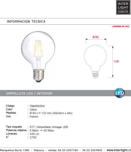 Ampolleta transparente G80 vintage luz cálida 6W ED E27 - TOAM0004