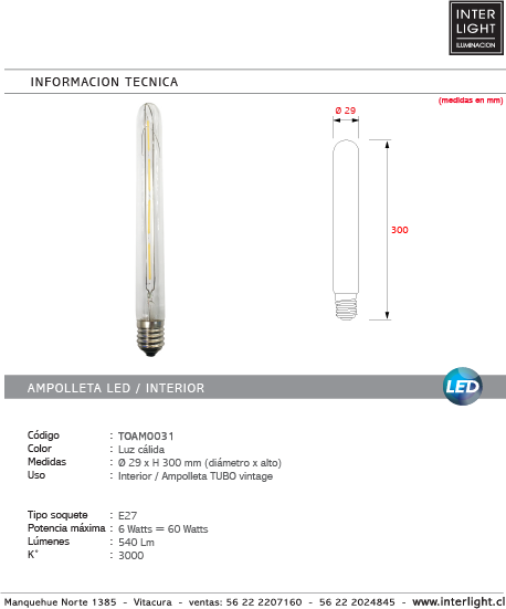 Ampolleta transparente tubo vintage luz cálida LED 6W E27 - TOAM0031