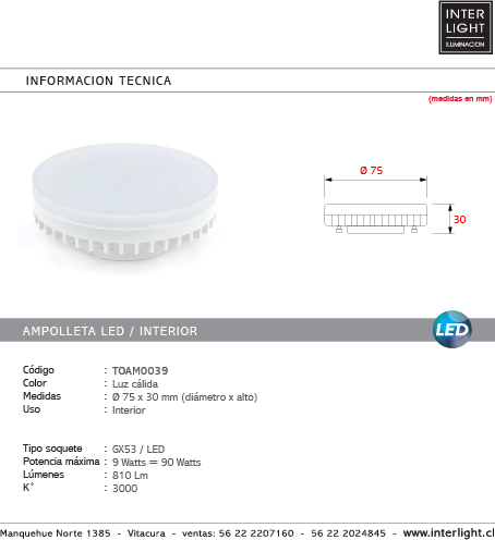 Ampolleta LED 9W GX53 3000k - TOAM0063