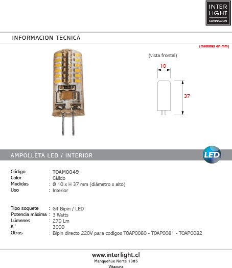 Ampolleta bipin directo 220v LED G4 3W - TOAM0049