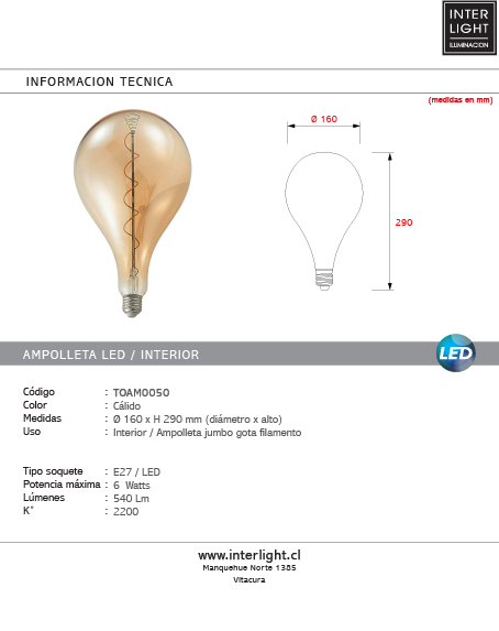 Ampolleta vintage A165 jumbo luz cálida LED E27 6W - TOAM0050
