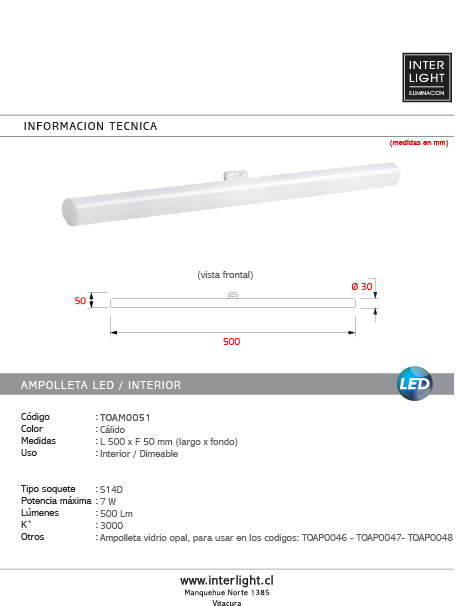 Ampolleta dimeable 7W para aplique TOAP0046 - TOAP0047- TOAP0048  - TOAM0051