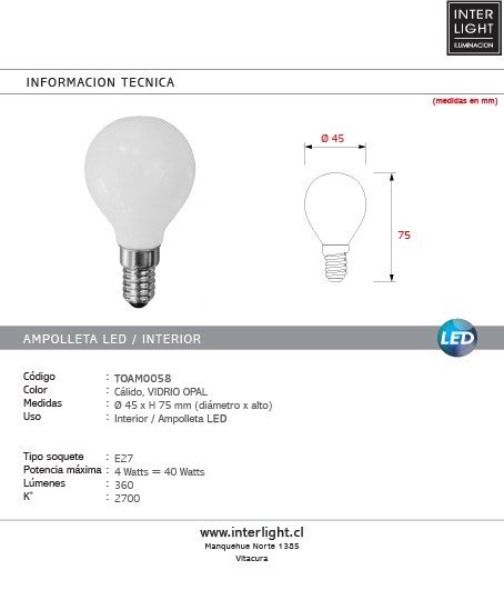 Ampolleta 4W LED mini bola luz cálida 2700k E14 - TOAM0058