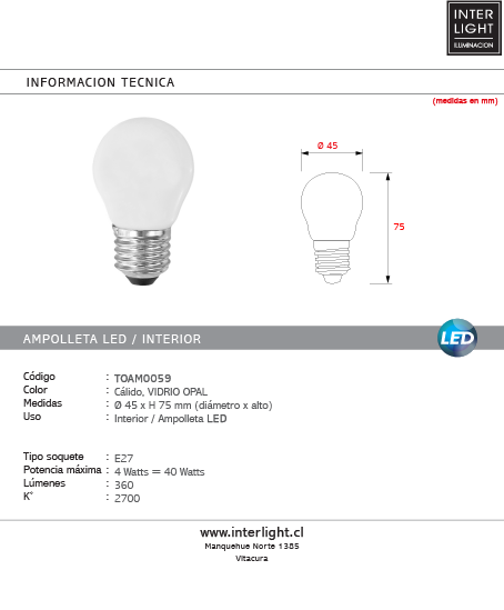 Ampolleta 4W LED mini bola luz cálida 2700 K E27 - TOAM0059