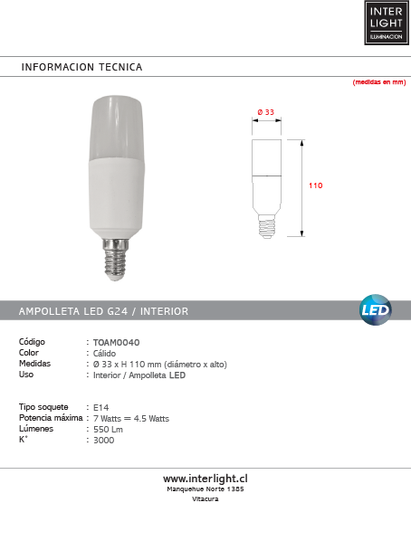 Ampolleta G24 mini luz cálida E14 7W LED - TOAM0060