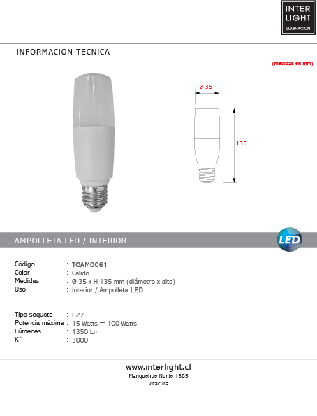 Ampolleta G24 mini luz cálida E27 15W LED  - TOAM0061