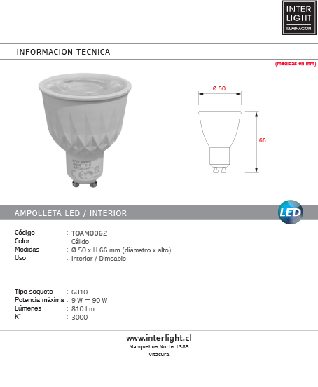 Ampolleta 9W LED  luz cálida GU10 3000k - TOAM0062