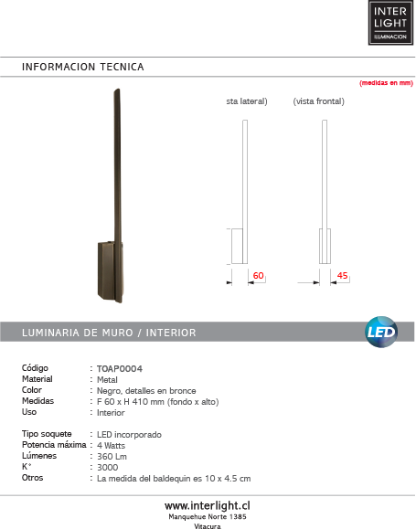 Apliqué metal negro bordes bronce luz indirecta 41 cm LED 4W - TOAP0004