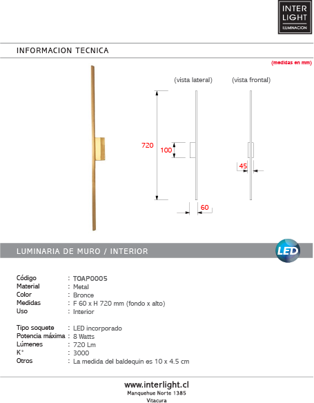 Apliqué metal bronce luz indirecta 72 cm LED 8W - TOAP0005