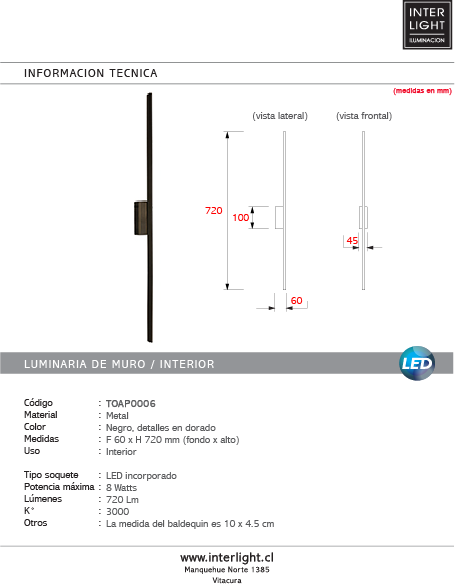 Apliqué metal negro bordes dorado luz indirecta 72 cm LED 8 W - TOAP0006