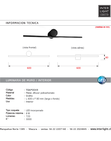 Apliqué lineal metal grafito luz indirecta 60 cm LED 8W - TOAP0049