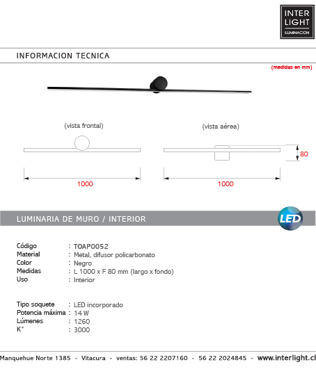 Apliqué lineal metal negro luz indirecta 1,00 mt. LED 14W - TOAP0052