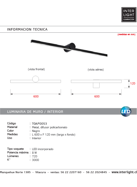 Apliqué lineal metal negro luz indirecta 60 cm LED 8W - TOAP0053