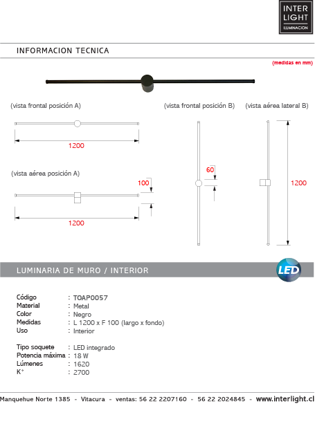 Apliqué lineal aluminio negro luz indirecta 1,20 mt. LED - TOAP0057