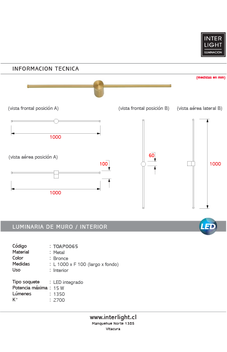 Apliqué lineal aluminio bronce luz indirecta 1,00 mt. 15 W LED - TOAP0065