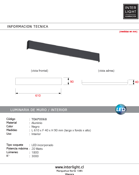 Apliqué metal negro luz indirecta 61 cm LED 20W - TOAP0068
