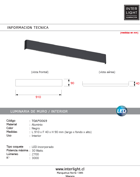 Apliqué metal negro luz indirecta 91 cm LED 30W - TOAP0069